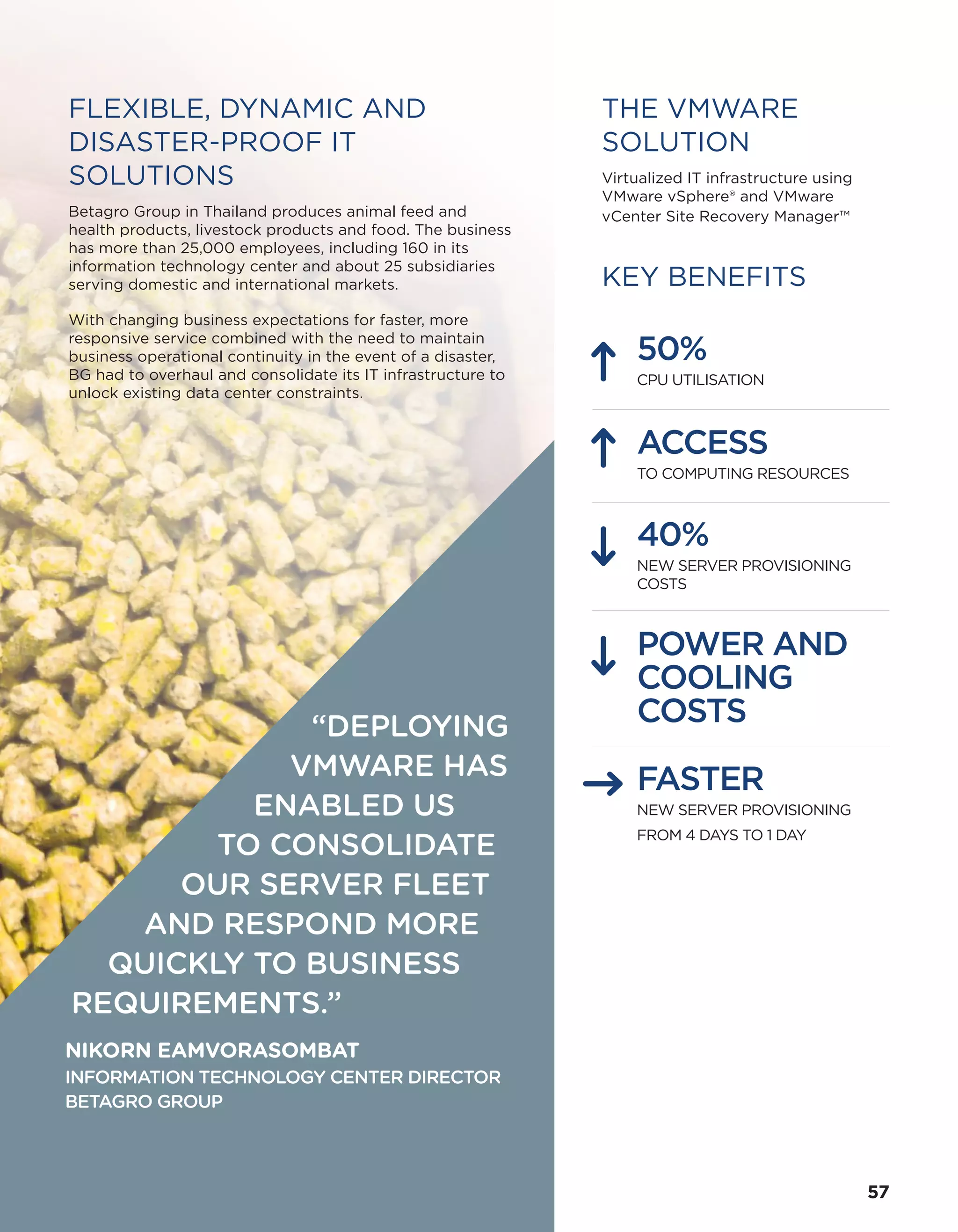 THE VMWARE
SOLUTION
Virtualized IT infrastructure using
VMware vSphere® and VMware
vCenter Site Recovery Manager™
KEY BENEFITS
POWER AND
COOLING
COSTS
50%
CPU UTILISATION
40%
NEW SERVER PROVISIONING
COSTS
FASTER
NEW SERVER PROVISIONING
FROM 4 DAYS TO 1 DAY
FLEXIBLE, DYNAMIC AND
DISASTER-PROOF IT
SOLUTIONS
Betagro Group in Thailand produces animal feed and
health products, livestock products and food. The business
has more than 25,000 employees, including 160 in its
information technology center and about 25 subsidiaries
serving domestic and international markets.
With changing business expectations for faster, more
responsive service combined with the need to maintain
business operational continuity in the event of a disaster,
BG had to overhaul and consolidate its IT infrastructure to
unlock existing data center constraints.
“DEPLOYING
VMWARE HAS
ENABLED US
TO CONSOLIDATE
OUR SERVER FLEET
AND RESPOND MORE
QUICKLY TO BUSINESS
REQUIREMENTS.”
NIKORN EAMVORASOMBAT
INFORMATION TECHNOLOGY CENTER DIRECTOR
BETAGRO GROUP
ACCESS
TO COMPUTING RESOURCES
57
 