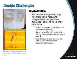 Slide 5
Design Challenges
• Crystallization
 Hardware misalignment, large
hardware tolerances, and
marginal seal designs allow
reagent or saline to weep under
seal ID lip
 If no rinse portion behind the seal,
salt crystals will form
 Dynamic seal lip will reciprocate
over crystals, causing scratches on
seal ID
 Over time scratches become leak
paths, causing inaccurate
dispensing of reagent
Crystals on pump piston can result
in formation of leak paths on seal.
 