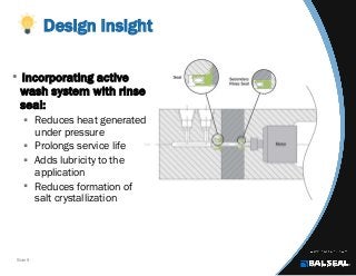 Slide 9
Design Insight
• Incorporating active
wash system with rinse
seal:
 Reduces heat generated
under pressure
 Prolongs service life
 Adds lubricity to the
application
 Reduces formation of
salt crystallization
 