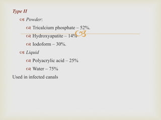 
Type II
 Powder:
 Tricalcium phosphate – 52%.
 Hydroxyapatite – 14%
 Iodoform – 30%.
 Liquid
 Polyacrylic acid – 25%
 Water – 75%
Used in infected canals
 