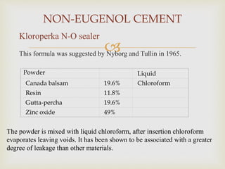 This formula was suggested by Nyborg and Tullin in 1965.
Kloroperka N-O sealer
Powder Liquid
Canada balsam 19.6% Chloroform
Resin 11.8%
Gutta-percha 19.6%
Zinc oxide 49%
The powder is mixed with liquid chloroform, after insertion chloroform
evaporates leaving voids. It has been shown to be associated with a greater
degree of leakage than other materials.
NON-EUGENOL CEMENT
 