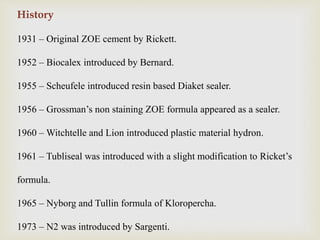 History
1931 – Original ZOE cement by Rickett.
1952 – Biocalex introduced by Bernard.
1955 – Scheufele introduced resin based Diaket sealer.
1956 – Grossman’s non staining ZOE formula appeared as a sealer.
1960 – Witchtelle and Lion introduced plastic material hydron.
1961 – Tubliseal was introduced with a slight modification to Ricket’s
formula.
1965 – Nyborg and Tullin formula of Kloropercha.
1973 – N2 was introduced by Sargenti.
 