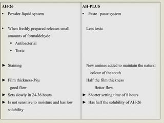 AH-26
 Powder-liquid system
 When freshly prepared releases small
amounts of formaldehyde
 Antibacterial
 Toxic
► Staining
► Film thickness-39µ
good flow
► Sets slowly in 24-36 hours
► Is not sensitive to moisture and has low
solubility
AH-PLUS
 Paste –paste system
Less toxic
New amines added to maintain the natural
colour of the tooth
Half the film thickness
Better flow
► Shorter setting time of 8 hours
► Has half the solubility of AH-26
 