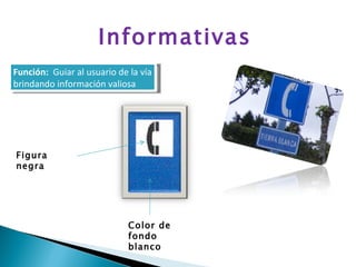 Informativas Color de fondo blanco Figura negra Función:   Guiar al usuario de la vía brindando información valiosa 