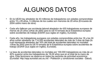 ALGUNOS DATOS En la UE25 hay alrededor de 43 millones de trabajadores con edades comprendidas entre 15 y 29 años, 5 millones de los cuales son menores de 20 años (Encuesta de 2004 sobre mano de obra) Cada año fallecen por accidente laboral alrededor de 430 trabajadores europeos de menos de 25 años (cifras de 2002 para la UE15 tomada de la Estadística europea sobre accidentes de trabajo (ESAW (sus siglas en inglés), Eurostat). Cada año, los trabajadores europeos con edades comprendidas entre los 18 y los 24 años sufren alrededor de 714.000 accidentes laborales de más de 3 días de baja (lo cual representa alrededor del 16% del total de accidentes laborales no mortales -cifras de 2002 para la UE15 tomada de la Estadística europea sobre accidentes de trabajo (ESAW (sus siglas en inglés), Eurostat). La tasa de accidentes laborales no mortales por 100.000 trabajadores es más de un 40% superior entre los trabajadores de 18-24 años que en el total de la mano de obra. Este fenómeno se observa en todos los sectores de actividad económica (Eurostat: http://epp.eurostat.cec.eu.int/ - Población y condiciones sociales - Salud). 