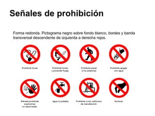 Señales de prohibición Forma redonda. Pictograma negro sobre fondo blanco, bordes y banda transversal descendente de izquierda a derecha rojos. 
