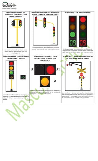 SEMÁFOROS DE CONTROL
VEHICULAR SOPORTADO CON
MÉNSULA CORTA
Las señales luminosas de las señales para el
control vehicular deberán ser de color rojo,
amarillo y verde.
SEMÁFOROS DE CONTROL VEHICULAR
SOPORTADO CON MÉNSULA LARGA
Las señales luminosas de las señales para el control
vehicular deberán ser de color rojo, amarillo y verde.
SEMÁFOROS CON TEMPORIZADOR
Un temporizador es un dispositivo, con frecuencia
programable, que permite medir el tiempo que durará
cada fase del semáforo, ya sea rojo, amarillo o verde.
SEMÁFORO PARA VEHÍCULOS CON
FLECHAS DIRECCIONALES
Los conductores de los vehículos deben girar a la
izquierda, a la derecha o seguir de frente según lo
indique la flecha, y de acuerdo con el color que
exhiban.
SEMÁFOROS ESPECIALES PARA
DAR ACCESO A VEHÍCULOS DE
EMERGENCIA
Estos semáforos especiales tienen la función de mejorar la
seguridad para la entrada y salida de los vehículos de
emergencia a sus propias edificaciones.
SEMÁFOROS Y BARRERAS PARA INDICAR
LA APROXIMACIÓN DE TRENES
Los semáforos y barreras son aquellos dispositivos que
indican a los conductores de vehículos y a los peatones, la
aproximación o presencia de trenes, locomotoras o carros
de ferrocarril en cruces a nivel de calles o carreteras.
 