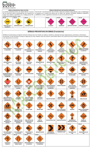 SEÑALES PREVENTIVAS PARA CICLISTAS
Las señales preventivas tienen por objeto advertir al usuario
de las ciclorrutas sobre la proximidad de una condición de
riesgo. Estas señales se identifican por el código general SPC.
Conservan el color amarillo y negro.
SEÑALES PREVENTIVAS POR EVENTOS ESPECIALES
Son de color “rosa fluorescente” para el fondo y negro para símbolos, textos, flechas y orla. La señal llevará
la leyenda con el nombre del evento que se realiza, por ejemplo, ACCIDENTE, MARCHA, CONCIERTO,
CAMINATA, o similar, seguida de la distancia a la cual se encuentra el mismo.
SPC-01
VEHÍCULOS EN LA
CICLORRUTA
SPC-02
DESCENSO FUERTE
SPC-03
ASCENSO FUERTE
PEE-01
ACCIDENTE
PEE-02
BOMBEROS
PEE-03
DESASTRE NATURAL
PEE-04
CONTROL DE POLICÍA
SEÑALES PREVENTIVAS EN OBRAS (Transitorias)
Modifican transitoriamente el régimen normal de utilización de la vía. Pueden ser estáticas o dinámicas, indicando mensajes reglamentarios, preventivos o informativos.
En particular, el color de fondo es naranja, el negro para las orlas, símbolos, letras y/o números. Estas señales indican a los usuarios de la vía el carácter transitorio de peligro
o de reparaciones en la misma.
CURVA CERRADA A
LA IZQUIERDA
CURVA CERRADA A
LA DERECHA
CURVA
PRONUNCIADA A LA
IZQUIERDA
CURVA
PRONUNCIADA A LA
DERECHA
CURVA Y
CONTRACURVA
CERRADA PRIMERA A
LA IZQUIERDA
CURVA Y
CONTRACURVA
CERRADA PRIMERA A
LA DERECHA
CURVA Y
CONTRACURVA
PRONUNCIADA
PRIMERA A LA
IZQUIERDA
CURVA Y CONTRACURVA
PRONUNCIADA PRIMERA
A LA DERECHA
INTERSECCIÓN DE
VÍAS
VÍA LATERAL
IZQUIERDA
VÍA LATERAL
DERECHA
INTERSECCIÓN EN
“T”
INTERSECCIÓN EN
“Y”
BIFURCACIÓN A LA
IZQUIERDA
BIFURCACIÓN A LA
IZQUIERDA
INCORPORACIÓN DE
TRÁNSITO DESDE A LA
IZQUIERDA
INCORPORACIÓN DE
TRÁNSITO DESDE A
LA DERECHA
PROXIMIDAD DE
SEMÁFORO
SUPERFICIE RIZADA PROXIMIDAD DE
RESALTO
UBICACIÓN DE
RESALTO
DEPRESIÓN PENDIENTE FUERTE
DE DESCANSO
PERDIENTE FUERTE DE
ASCENSO
PROXIMIDAD DE
SEÑAL “PARE”
ENSANCHAMIENTO
SIMÉTRICO DE LA
CALZADA
PROXIMIDAD DE
SEÑAL “CEDA EL
PASO”
ENSANCHAMIENTO
DE LA CALZADA A LA
IZQUIERDA
ENSANCHAMIENTO
DE LA CALZADA A
LA DERECHA
PUENTE ANGOSTO PESO MÁXIMO
BRUTO VEHICULAR
PERMITIDO
DOS SENTIDOS DE
TRÁNSITO
TRES CARRILES DE
TRÁNSITO, UNO EN
CONTRAFLUJO
ZONA DE
DERRUMBES
TRES CARRILES DE
TRÁNSITO, DOS EN
CONTRAFLUJO
SUPERFICIE
DESLIZANTE PASO DE PEATONES
PROXIMIDAD DE
CRUCE PEATONAL UBICACIÓN DE
CRUCE PEATONAL
ZONA ESCOLAR
PROXIMIDAD A
CRUCE ESCOLAR
UBICACIÓN DE
CRUCE ESCOLAR
ALTURA LIBRE ANCHO LIBRE CRUCE A NIVEL CRUCE FERROVIARIO A
NIVEL CON BARRERAS
BARRERA INICIO DE SEPARADOR
DOS SENTIDOS
INICIO DE
SEPARADOR UN
SENTIDO
FINAL DE VÍA CON
SEPARADOR DOS
SENTIDOS
FINAL DE VÍA CON
SEPARADOR UN
SENTIDOS
FINAL DE
PAVIMENTO
CICLISTAS EN LA VÍA CRUCE DE CICLISTAS UBICACIÓN DE
CRUCE DE CICLISTAS
RIESGO DE
ACCIDENTES
CURVA MUY CERRADA
A LA IZQUIERDA
CURVA MUY CERRADA
A LA DERECHA
PROYECCIÓN DE
GRAVILLA
DESNIVEL SEVERO DELINEADOR DE
CURVA HORIZONTAL
DELINEADOR DE CURVA
HORIZONTAL DOBLE
SPO-01
TRABAJOS EN LA
VÍA
SPO-02
MAQUINARIA EN LA
VÍA
SPO-03
AUXILIAR DE
TRÁNSITO
SPO-04
ANGOSTAMIENTO A
AMBOS LADOS
SPO-05
ANGOSTAMIENTO A
LA DERECHA
SPO-06
ANGOSTAMIENTO A
LA IZQUIERDA
 