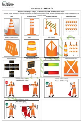 DISPOSITIVOS DE CANALIZACIÓN
Según la función que cumple, la canalización puede dividirse en dos tipos:
Aquellas donde es necesario generar transiciones con angostamientos e incluso el cierre de una vía y Tramos donde se debe delinear el
trazado de la vía.
CONO DELINEADOR TUBULAR DELINEADOR COMPUESTO BARRICADA DE LISTONES
BARRERAS PLASTICAS (Maletín) CANECA HITOS DE VÉRTICE UBICACIÓN DE FAROS
PÁNELES LUMINOSOS PANEL LUMINOSO PORTÁTIL LINTERNA O BASTÓN LUMINOSO CHALECO RETROREFLECTANTE
AUXIIAR DE TRÁNSITO FIGURA 1 AUXIIAR DE TRÁNSITO FIGURA 2
AUXIIAR DE TRÁNSITO FIGURA 3
 