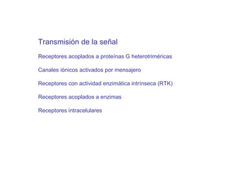 Transmisi ón de la señal Receptores acoplados a proteínas G heterotriméricas Canales iónicos activados por mensajero Receptores con actividad enzimática intrínseca (RTK) Receptores acoplados a enzimas Receptores intracelulares 