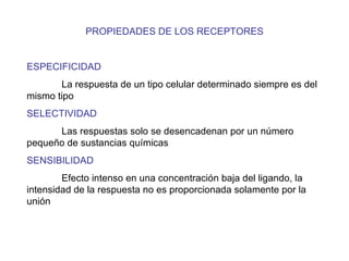 PROPIEDADES DE LOS RECEPTORES ESPECIFICIDAD La respuesta de un tipo celular determinado siempre es del mismo tipo SELECTIVIDAD Las respuestas solo se desencadenan por un número pequeño de sustancias químicas SENSIBILIDAD Efecto intenso en una concentración baja del ligando, la intensidad de la respuesta no es proporcionada solamente por la unión 