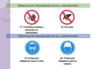 Señales de prohibición en el laboratorio17. Prohibida entrada a personas no autorizadas18. No tocarSeñales de obligación en el laboratorio19. Protección obligatoria para la vista20. Protección obligatoria para la cabeza