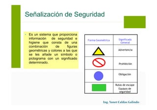 • Es un sistema que proporciona
información de seguridad e
higiene que consta de una
combinación de figuras
geométricas y colores a las que
se les añade un símbolo o
pictograma con un significado
determinado.
Señalización de Seguridad
 