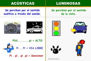 ACÚSTICASLUMINOSASSe perciben por el sentido auditivo a través del sonido.Se perciben por el sentido de la vista.Piiiii..........pi= ALTOPi.. Pi= VIA LIBRE.. Pi. pi. pi.pi= Sancionar. .SEMAFORO