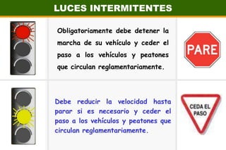 LUCES INTERMITENTESObligatoriamente debe detener la marcha de su vehículo y ceder el paso a los vehículos y peatones que circulan reglamentariamente.Debe reducir la velocidad hasta parar si es necesario y ceder el paso a los vehículos y peatones que circulan reglamentariamente.