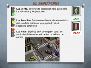 EL SEMÁFORO
SIGA
PARE
Luz Roja.- Significa alto, deténgase, pare, los
vehículos deberán hacerlo antes de la línea de
parada
Luz Amarilla.- Previene o advierte el cambio de luz
roja, se debe disminuir la velocidad y si es
necesario detenerse
Luz Verde.- continúe la circulación libre paso para
los vehículos y los peatones.
 