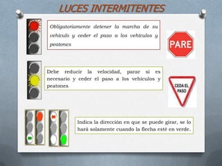 LUCES INTERMITENTES
Obligatoriamente detener la marcha de su
vehículo y ceder el paso a los vehículos y
peatones
Debe reducir la velocidad, parar si es
necesario y ceder el paso a los vehículos y
peatones
Indica la dirección en que se puede girar, se lo
hará solamente cuando la flecha esté en verde.
 