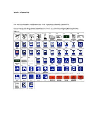 Señalesinformativas:
Son indicacionesenlavía de servicios,sitiosespecíficos.Destinosydistancias.
Los coloresque distinguenestasseñalessonfondoazul,símbolosnegrosytextosyflechas
blancas.
 