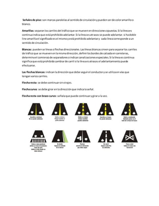 Señalesde piso: son marcas paralelasal sentidode circulaciónypuedenserde coloramarilloo
blanco.
Amarillas: separanloscarrilesdel tráficoque se muevenendireccionesopuestas.Si lalíneaes
continuaindicaque estáprohibidoadelantar.Si lalíneaesatrasos se puede adelantar. si hadoble
line amarillael significadoesel mismoyestáprohibidoadelantary cada líneacorresponde aun
sentidode circulación.
Blancas: puedense líneasoflechasdireccionales.Laslíneasblancassirvenparasepararlos carriles
de tráficoque se muevenenlamismadirección,definirlosbordesde calzadaencarreteras,
determinael comienzode separadoresoindicarcanalizacionesespeciales.Si lalíneaescontinua
significaque estáprohibidocambiarde carril si la líneaesatrasos el adelantamientopuede
efectuarse.
Las flechasblancas: indicanladirecciónque debe seguirel conductoryse utilizaenvíasque
tenganvarioscarriles.
Flecharecta: se debe continuarsinvirajes.
Flechacurva: se debe girar enla direcciónque indicalaseñal.
Flecharecta con brazo curvo: señalaque puede continuarygirara la vez.
 