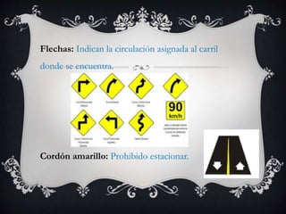 Flechas: Indican la circulación asignada al carril
donde se encuentra.
Cordón amarillo: Prohibido estacionar.
 