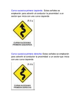 Curva sucesiva primera izquierda: Estas señales se
emplearán para advertir al conductor la proximidad a un
sector que inicia con una curva izquierda
Curva sucesiva primera derecha: Estas señales se emplearán
para advertir al conductor la proximidad a un sector que inicia
con una curva izquierda
 