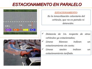 ESTACIONAMIENTO:
Es la inmovilización voluntaria del
vehículo, que no es parada ni
detención:
“ZONA AZUL”
 Distancia de 1m. respecto de otros
vehículos ya estacionados;
 Líneas blancas indican un
estacionamiento sin costo;
 Líneas azules indican un
estacionamiento tarifado.
ESTACIONAMIENTO EN PARALELOESTACIONAMIENTO EN PARALELO
 