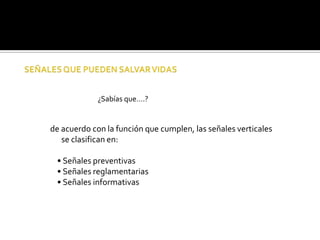 ¿Sabías que….?


de acuerdo con la función que cumplen, las señales verticales
   se clasifican en:

 • Señales preventivas
 • Señales reglamentarias
 • Señales informativas
 