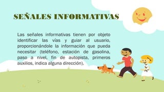 SEÑALES INFORMATIVAS
Las señales informativas tienen por objeto
identificar las vías y guiar al usuario,
proporcionándole la información que pueda
necesitar (teléfono, estación de gasolina,
paso a nivel, fin de autopista, primeros
auxilios, indica alguna dirección).

 
