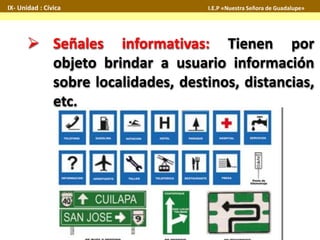 IX- Unidad : Cívica I.E.P «Nuestra Señora de Guadalupe» 
 Señales informativas: Tienen por 
objeto brindar a usuario información 
sobre localidades, destinos, distancias, 
etc. 
 