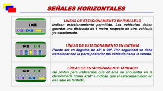 LÍNEAS DE ESTACIONAMIENTO EN PARALELO
Indican estacionamiento permitido. Los vehículos deben
guardar una distancia de 1 metro respecto de otro vehículo
ya estacionado.
LÍNEAS DE ESTACIONAMIENTO EN BATERÍA
Puede ser en ángulos de 45º o 90º. Por seguridad se debe
estacionar con la parte posterior del vehículo hacia la vereda.
LÍNEAS DE ESTACIONAMIENTO TARIFADO
Se pintan para indicarnos que el área se encuentra en la
denominada “zona azul” e indican que el estacionamiento en
ese sitio es tarifado.
SEÑALES HORIZONTALES
 
