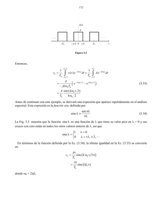 172
Figura 3.2
Entonces,
 
0
0 0
0
0 0
2 2
0 02 2
2 2
0 0
0
0 0
1 1
( )
sen ( 2)
2
T
jk t jk t
k
T
jk jk
c x t e dt Ae dt
T T
A
e e
jk T
A k
T k

   
 
    
 
 
 
 


 
(3.33)
Antes de continuar con este ejemplo, se derivará una expresión que aparece repetidamente en el análisis
espectral. Esta expresión es la función sinc definida por
sen
sinc

 

(3.34)
La Fig. 3.3 muestra que la función sinc es una función de  que tiene su valor pico en  = 0 y sus
cruces con cero están en todos los otros valores enteros de , así que
1 0
sinc
0 1, 2,
 
  
    
En términos de la función definida por la Ec. (3.34), la última igualdad en la Ec. (3.33) se convierte
en
 
 
0
0
0
0
sinc 2
sinc
k
A
c k
T
A
kf
T

   

 
donde 0 = 2f0.
A
x(t)
T0 t–T0 0
. . .. . .
 