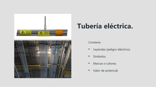 Contiene:
• Leyendas (peligro eléctrico).
• Símbolos.
• Marcas o colores.
• Valor de potencial.
Tubería eléctrica.
 