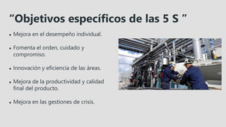 “Objetivos específicos de las 5 S ”
● Mejora en el desempeño individual.
● Fomenta el orden, cuidado y
compromiso.
● Innovación y eficiencia de las áreas.
● Mejora de la productividad y calidad
final del producto.
● Mejora en las gestiones de crisis.
 