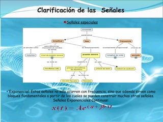 Clarificación de las  Señales Señales especiales Exponencial:   Estas señales no sólo ocurren con frecuencia, sino que además sirven como bloques fundamentales a partir de los cuales se pueden construir muchas otras señales. Señales Exponenciales Continuas: 