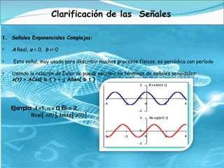 Clarificación de las  Señales Señales Exponenciales Complejas: A  Real,  a  = 0,   b  <> 0 Esta señal, muy usada para describir muchos procesos físicos, es periódica con período Usando la relación de Euler se puede escribir en términos de señales senoidales: x(t)  = ACos( b t ) + j ASen( b t ) Ejemplo:  A  =1,  a  = 0,    b  = 2                Real[  x(t)  ], Imag[  x(t)  ] 
