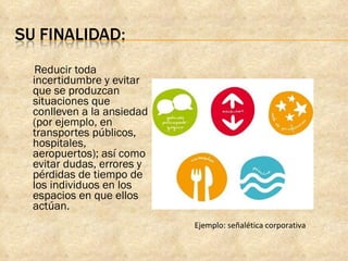 Reducir toda incertidumbre y evitar que se produzcan situaciones que conlleven a la ansiedad (por ejemplo, en transportes públicos, hospitales, aeropuertos); así como evitar dudas, errores y pérdidas de tiempo de los individuos en los espacios en que ellos actúan. Ejemplo: señalética corporativa 