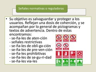 Señales normativas o reguladoras


• Su objetivo es salvaguardar y proteger a los
  usuarios. Reflejan una dosis de coherción, y se
  acompañan por lo general de pictogramas y
  textos de advertencia. Dentro de estas
  encontramos:
  - se-ña-les de aten-ción
  - señales restrictivas
  - se-ña-les de obli-ga-ción
  - se-ña-les de pre-ven-ción
  - se-ña-les prohibitivas
  - se-ña-les de se-gu-ri-dad
  - se-ña-les via-les
 
