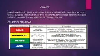 COLORES
Los colores deberán llamar la atención e indicar la existencia de un peligro, así como
facilitar su rápida identificación. Podrán, igualmente, ser utilizados por sí mismos para
indicar el emplazamiento de dispositivos y equipos que sean
COLORES DE SEGURIDAD
 