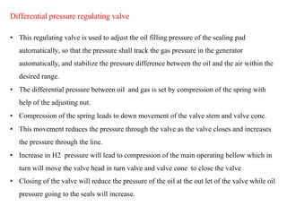 Differential pressure regulating valve
• This regulating valve is used to adjust the oil filling pressure of the sealing pad
automatically, so that the pressure shall track the gas pressure in the generator
automatically, and stabilize the pressure difference between the oil and the air within the
desired range.
• The differential pressure between oil and gas is set by compression of the spring with
help of the adjusting nut.
• Compression of the spring leads to down movement of the valve stem and valve cone.
• This movement reduces the pressure through the valve as the valve closes and increases
the pressure through the line.
• Increase in H2 pressure will lead to compression of the main operating bellow which in
turn will move the valve head in turn valve and valve cone to close the valve
• Closing of the valve will reduce the pressure of the oil at the out let of the valve while oil
pressure going to the seals will increase.
 