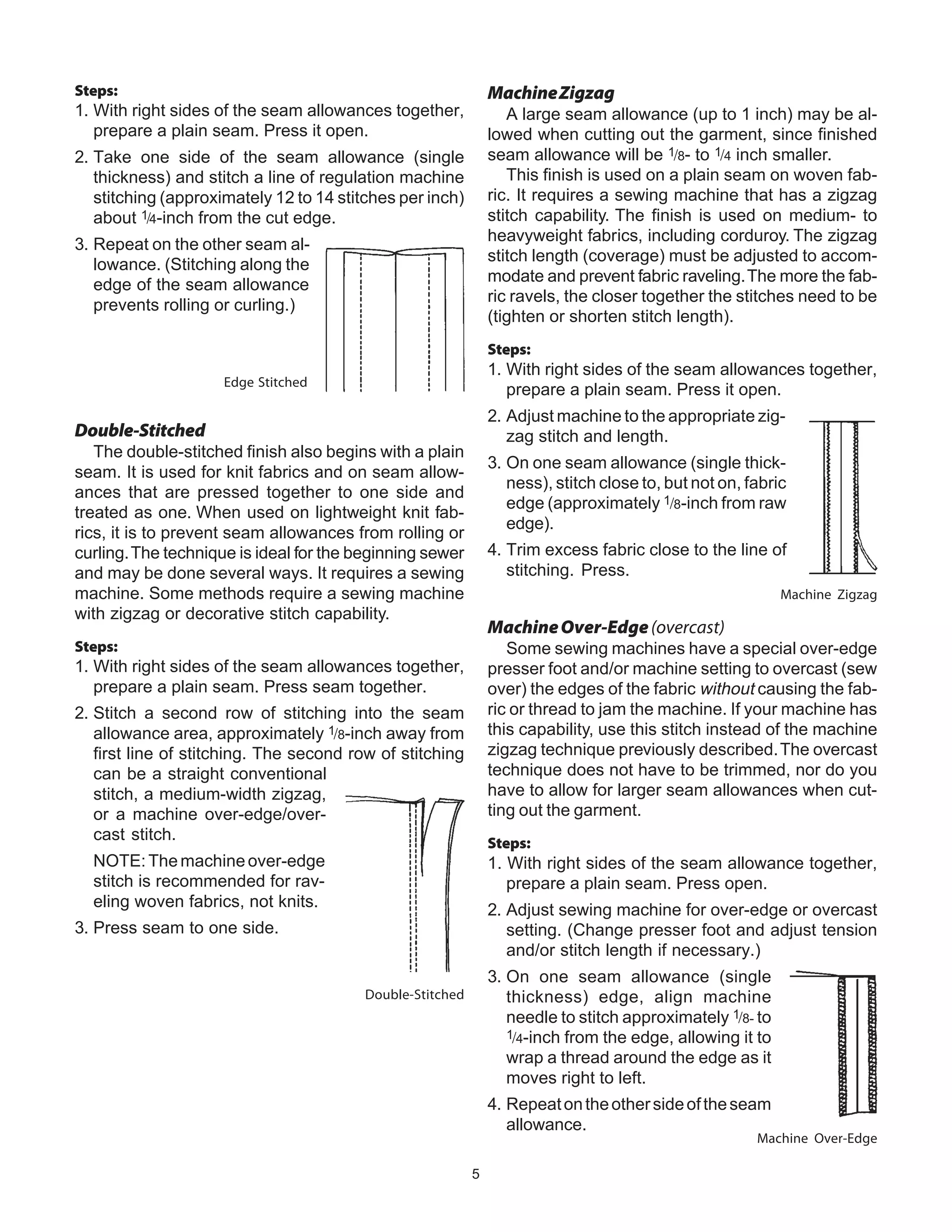5
Steps:
1. With right sides of the seam allowances together,
prepare a plain seam. Press it open.
2. Take one side of the seam allowance (single
thickness) and stitch a line of regulation machine
stitching (approximately 12 to 14 stitches per inch)
about 1/4-inch from the cut edge.
3. Repeat on the other seam al-
lowance. (Stitching along the
edge of the seam allowance
prevents rolling or curling.)
Edge Stitched
Double-Stitched
The double-stitched finish also begins with a plain
seam. It is used for knit fabrics and on seam allow-
ances that are pressed together to one side and
treated as one. When used on lightweight knit fab-
rics, it is to prevent seam allowances from rolling or
curling.The technique is ideal for the beginning sewer
and may be done several ways. It requires a sewing
machine. Some methods require a sewing machine
with zigzag or decorative stitch capability.
Steps:
1. With right sides of the seam allowances together,
prepare a plain seam. Press seam together.
2. Stitch a second row of stitching into the seam
allowance area, approximately 1/8-inch away from
first line of stitching. The second row of stitching
can be a straight conventional
stitch, a medium-width zigzag,
or a machine over-edge/over-
cast stitch.
NOTE:Themachineover-edge
stitch is recommended for rav-
eling woven fabrics, not knits.
3. Press seam to one side.
Double-Stitched
MachineZigzag
A large seam allowance (up to 1 inch) may be al-
lowed when cutting out the garment, since finished
seam allowance will be 1/8- to 1/4 inch smaller.
This finish is used on a plain seam on woven fab-
ric. It requires a sewing machine that has a zigzag
stitch capability. The finish is used on medium- to
heavyweight fabrics, including corduroy. The zigzag
stitch length (coverage) must be adjusted to accom-
modate and prevent fabric raveling.The more the fab-
ric ravels, the closer together the stitches need to be
(tighten or shorten stitch length).
Steps:
1. With right sides of the seam allowances together,
prepare a plain seam. Press it open.
2. Adjust machine to the appropriate zig-
zag stitch and length.
3. On one seam allowance (single thick-
ness), stitch close to, but not on, fabric
edge (approximately 1/8-inch from raw
edge).
4. Trim excess fabric close to the line of
stitching. Press.
Machine Zigzag
MachineOver-Edge(overcast)
Some sewing machines have a special over-edge
presser foot and/or machine setting to overcast (sew
over) the edges of the fabric without causing the fab-
ric or thread to jam the machine. If your machine has
this capability, use this stitch instead of the machine
zigzag technique previously described.The overcast
technique does not have to be trimmed, nor do you
have to allow for larger seam allowances when cut-
ting out the garment.
Steps:
1. With right sides of the seam allowance together,
prepare a plain seam. Press open.
2. Adjust sewing machine for over-edge or overcast
setting. (Change presser foot and adjust tension
and/or stitch length if necessary.)
3. On one seam allowance (single
thickness) edge, align machine
needle to stitch approximately 1/8- to
1/4-inch from the edge, allowing it to
wrap a thread around the edge as it
moves right to left.
4. Repeatontheothersideoftheseam
allowance.
Machine Over-Edge
 