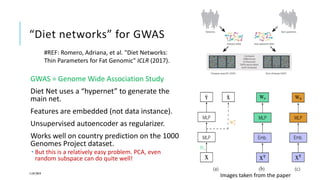 “Diet networks” for GWAS
11/07/2019 17
GWAS = Genome Wide Association Study
Diet Net uses a “hypernet” to generate the
main net.
Features are embedded (not data instance).
Unsupervised autoencoder as regularizer.
Works well on country prediction on the 1000
Genomes Project dataset.
 But this is a relatively easy problem. PCA, even
random subspace can do quite well!
Images taken from the paper
#REF: Romero, Adriana, et al. "Diet Networks:
Thin Parameters for Fat Genomic" ICLR (2017).
 