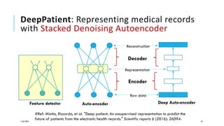 DeepPatient: Representing medical records
with Stacked Denoising Autoencoder
11/07/2019 18
Auto-encoderFeature detector
Representation
Raw data
Reconstruction
Deep Auto-encoder
Encoder
Decoder
#Ref: Miotto, Riccardo, et al. "Deep patient: An unsupervised representation to predict the
future of patients from the electronic health records." Scientific reports 6 (2016): 26094.
 