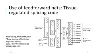 Use of feedforward nets: Tissue-
regulated splicing code
11/07/2019 19
#REF: Leung, Michael KK, et al.
"Deep learning of the tissue-
regulated splicing
code." Bioinformatics 30.12
(2014): i121-i129.
 