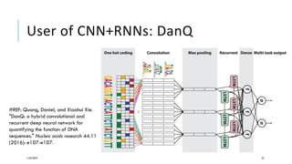 User of CNN+RNNs: DanQ
11/07/2019 25
#REF: Quang, Daniel, and Xiaohui Xie.
"DanQ: a hybrid convolutional and
recurrent deep neural network for
quantifying the function of DNA
sequences." Nucleic acids research 44.11
(2016): e107-e107.
 