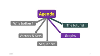 11/07/2019 29
Vectors & Sets
Sequences
Why bother?
The futurist
Graphs
Agenda
 