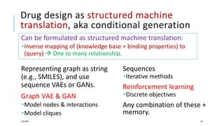 Drug design as structured machine
translation, aka conditional generation
Can be formulated as structured machine translation:
Inverse mapping of (knowledge base + binding properties) to
(query)  One to many relationship.
11/07/2019 40
Representing graph as string
(e.g., SMILES), and use
sequence VAEs or GANs.
Graph VAE & GAN
Model nodes & interactions
Model cliques
Sequences
Iterative methods
Reinforcement learning
Discrete objectives
Any combination of these +
memory.
 