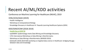 Recent AI/ML/KDD activities
Conference on Machine Learning for Healthcare (MLHC), 2019
ICML/IJCAI/AAAI (2019)
 Health Intelligence
 Workshop on Computational Biology
 Knowledge Discovery in Healthcare III: Towards Learning Healthcare Systems (KDH)
KDD/SDM/ICDM (2018-2019)
 Health Day at KDD’18
 epiDAMIK: Epidemiology meets Data Mining and Knowledge discovery
 17th International Workshop on Data Mining in Bioinformatics
 Workshop on Data Mining in Bioinformatics (BIOKDD 2019)
 [DsHealth 2019] 2019 KDD workshop on Applied data science in Healthcare: bridging the gap
between data and knowledge
11/07/2019 5
 
