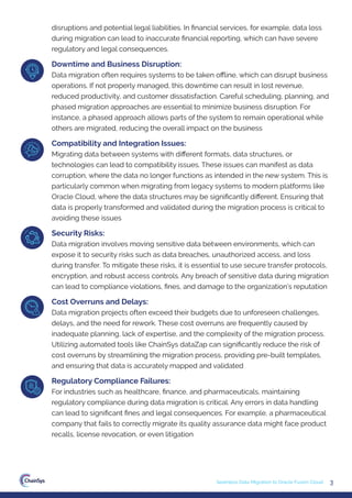 3
Seamless Data Migration to Oracle Fusion Cloud
disruptions and potential legal liabilities. In ﬁnancial services, for example, data loss
during migration can lead to inaccurate ﬁnancial reporting, which can have severe
regulatory and legal consequences.
Downtime and Business Disruption:
Data migration often requires systems to be taken oﬄine, which can disrupt business
operations. If not properly managed, this downtime can result in lost revenue,
reduced productivity, and customer dissatisfaction. Careful scheduling, planning, and
phased migration approaches are essential to minimize business disruption. For
instance, a phased approach allows parts of the system to remain operational while
others are migrated, reducing the overall impact on the business
Compatibility and Integration Issues:
Migrating data between systems with diﬀerent formats, data structures, or
technologies can lead to compatibility issues. These issues can manifest as data
corruption, where the data no longer functions as intended in the new system. This is
particularly common when migrating from legacy systems to modern platforms like
Oracle Cloud, where the data structures may be signiﬁcantly diﬀerent. Ensuring that
data is properly transformed and validated during the migration process is critical to
avoiding these issues
Security Risks:
Data migration involves moving sensitive data between environments, which can
expose it to security risks such as data breaches, unauthorized access, and loss
during transfer. To mitigate these risks, it is essential to use secure transfer protocols,
encryption, and robust access controls. Any breach of sensitive data during migration
can lead to compliance violations, ﬁnes, and damage to the organization’s reputation
Cost Overruns and Delays:
Data migration projects often exceed their budgets due to unforeseen challenges,
delays, and the need for rework. These cost overruns are frequently caused by
inadequate planning, lack of expertise, and the complexity of the migration process.
Utilizing automated tools like ChainSys dataZap can signiﬁcantly reduce the risk of
cost overruns by streamlining the migration process, providing pre-built templates,
and ensuring that data is accurately mapped and validated
Regulatory Compliance Failures:
For industries such as healthcare, ﬁnance, and pharmaceuticals, maintaining
regulatory compliance during data migration is critical. Any errors in data handling
can lead to signiﬁcant ﬁnes and legal consequences. For example, a pharmaceutical
company that fails to correctly migrate its quality assurance data might face product
recalls, license revocation, or even litigation
 