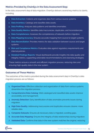 In the data assessment step of data migration, ChainSys delivers several key metrics to clients,
including:
These metrics ensure a smooth and eﬃcient migration process, reducing risks and
ensuring high-quality data in the new system.
1. Data Extraction: Collects and organizes data from various source systems.
2. Data Inventory: Catalogs and classiﬁes data assets.
3. Data Proﬁling: Analyzes data patterns and identiﬁes anomalies.
4. Data Quality Metrics: Identiﬁes data inaccuracies, duplicates, and inconsistencies.
5. Data Completeness: Assesses the completeness of datasets before migration.
6. Data Mapping Accuracy: Ensures accurate mapping from source to target systems.
7. Data Reconciliation: Provides metrics for data validation between source and target
systems.
8. Risk and Compliance Metrics: Evaluates data against regulatory requirements and
internal policies.
9. Detailed Findings Reports: Visual dashboards provide insights into data quality and
integrity metrics, supporting actionable recommendations and cleansing strategies.
1. Organized Data: Eﬀective collection and organization of data from various systems
streamline the migration process.
2. Comprehensive Data Catalog: Well-cataloged and classiﬁed data assets improve
accessibility and management.
3. Anomaly Detection: Early identiﬁcation of data anomalies prevents issues during
migration.
4. High Data Quality: Addressing inaccuracies and duplicates ensures cleaner, more
reliable data.
5. Complete Datasets: Ensures all necessary data is migrated, avoiding gaps.
6. Accurate Data Mapping: Ensures the integrity of data relationships during migration.
7. Validated Data: Conﬁrms that data in the new system matches the original, reducing
Metrics Provided by ChainSys in the Data Assessment Step:
The outcomes of the metrics provided during the data assessment step in ChainSys's data
migration process are as follows:
Outcomes of These Metrics:
13
Seamless Data Migration to Oracle Fusion Cloud
 