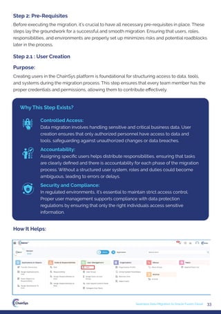 33
Seamless Data Migration to Oracle Fusion Cloud
Controlled Access:
Data migration involves handling sensitive and critical business data. User
creation ensures that only authorized personnel have access to data and
tools, safeguarding against unauthorized changes or data breaches.
Accountability:
Assigning speciﬁc users helps distribute responsibilities, ensuring that tasks
are clearly deﬁned and there is accountability for each phase of the migration
process. Without a structured user system, roles and duties could become
ambiguous, leading to errors or delays.
Security and Compliance:
In regulated environments, it’s essential to maintain strict access control.
Proper user management supports compliance with data protection
regulations by ensuring that only the right individuals access sensitive
information.
Before executing the migration, it’s crucial to have all necessary pre-requisites in place. These
steps lay the groundwork for a successful and smooth migration. Ensuring that users, roles,
responsibilities, and environments are properly set up minimizes risks and potential roadblocks
later in the process.
Step 2: Pre-Requisites
Creating users in the ChainSys platform is foundational for structuring access to data, tools,
and systems during the migration process. This step ensures that every team member has the
proper credentials and permissions, allowing them to contribute eﬀectively.
Step 2.1 : User Creation
Purpose:
How It Helps:
Why This Step Exists?
 
